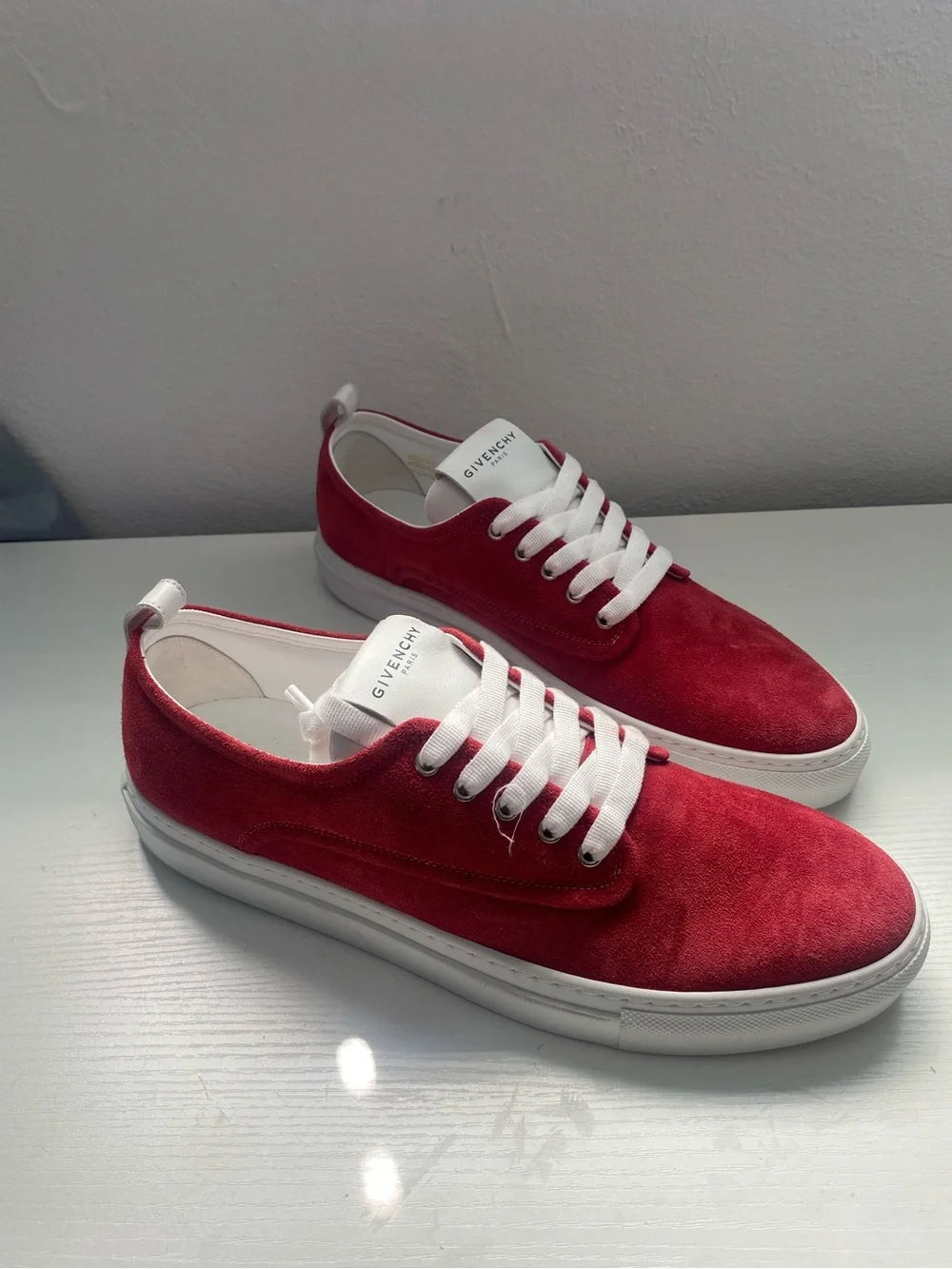 Givenchy Men’s Red Suede Low-Top Sneakers with White Accents